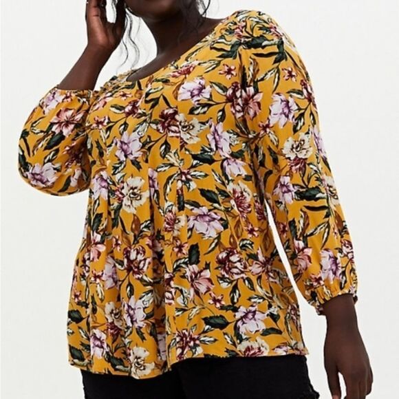 Torrid Golden Yellow Floral Crinkle Gauze Fit And Flare Top Blouse Spring 0X - Picture 1 of 3
